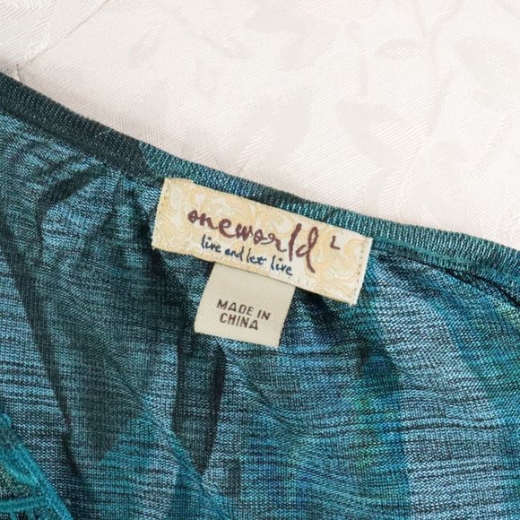 One World Women's L Blue Floral Crochet Rhinestone Knit Long Sleeve Tunic Top - Picture 8 of 9